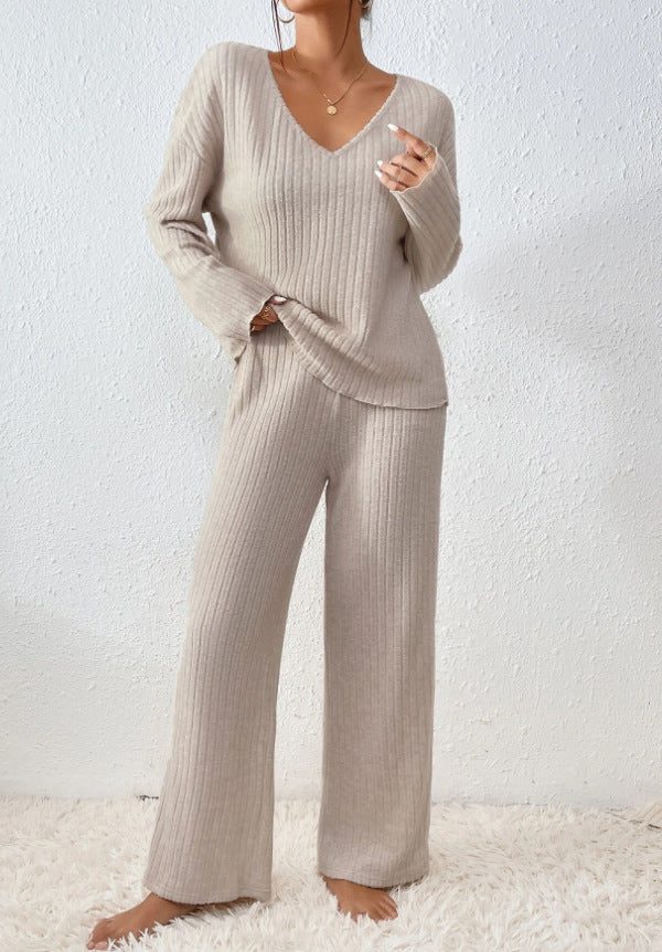 Women's Ribbed Knit V-Neck Sweater and Wide-Leg Pants Set