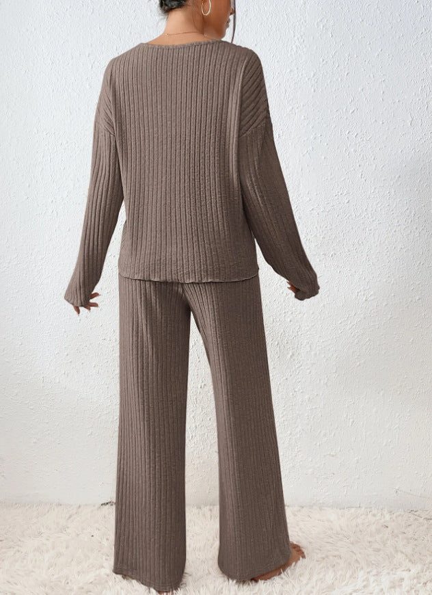 Women's Ribbed Knit V-Neck Sweater and Wide-Leg Pants Set