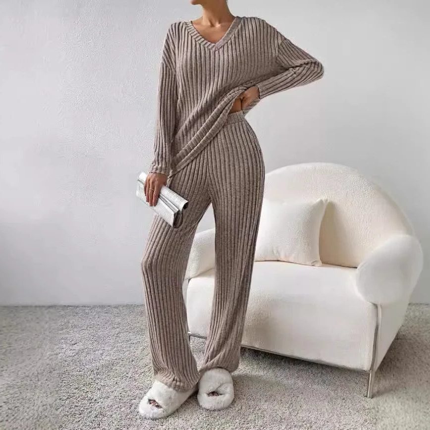Women's Ribbed Knit V-Neck Sweater and Wide-Leg Pants Set - Light Brown