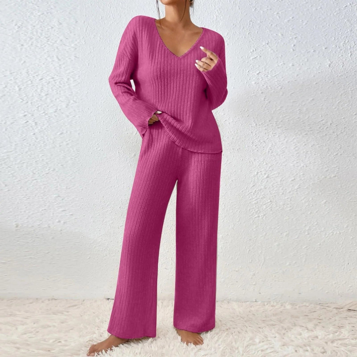 Women's Ribbed Knit V-Neck Sweater and Wide-Leg Pants Set - Pink