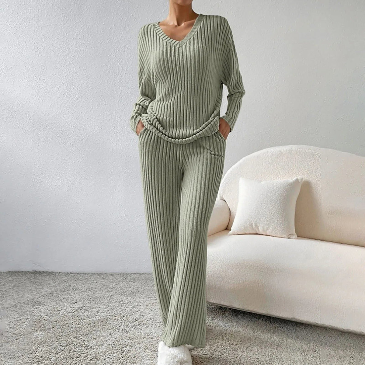 Women's Ribbed Knit V-Neck Sweater and Wide-Leg Pants Set - Olive Green