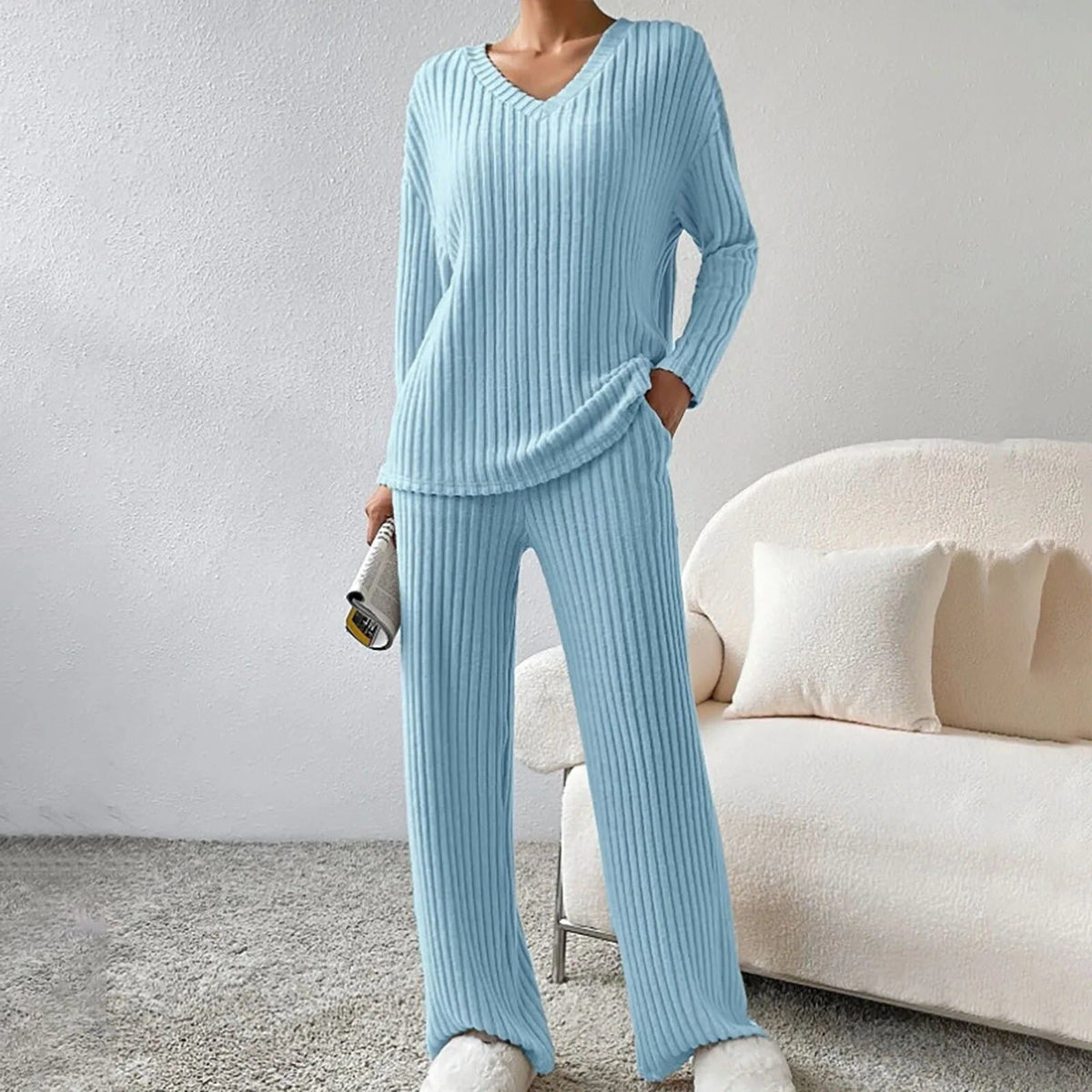Women's Ribbed Knit V-Neck Sweater and Wide-Leg Pants Set - Baby Blue