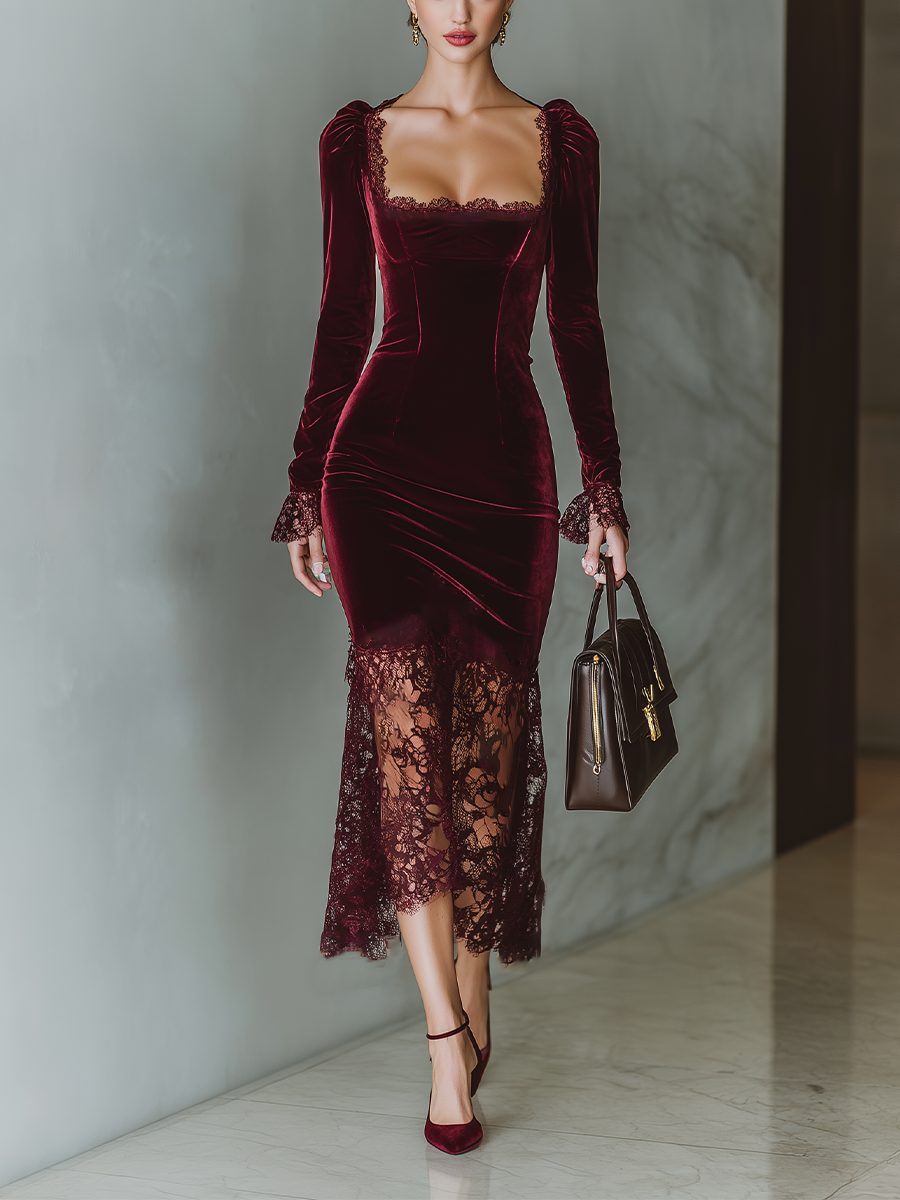 Women's Velvet Lace-Trim Square Neck Formal Dress - Burgundy
