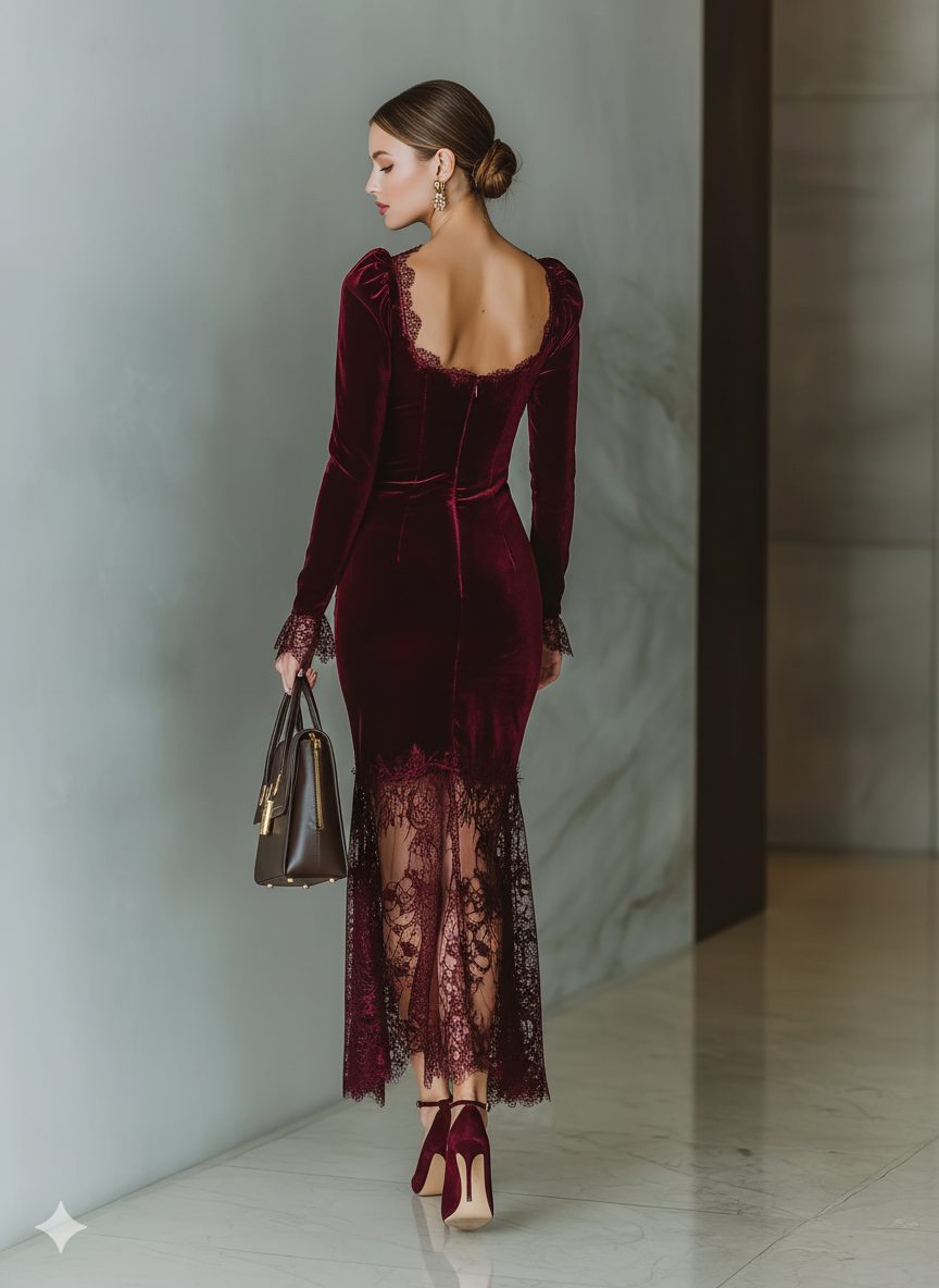 Women's Velvet Lace-Trim Square Neck Formal Dress