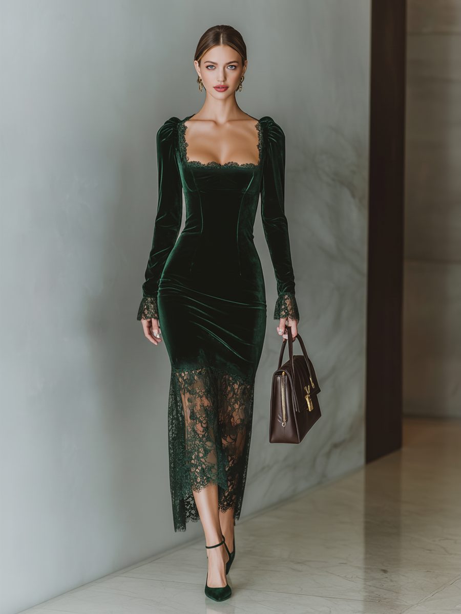 Women's Velvet Lace-Trim Square Neck Formal Dress - Dark Green