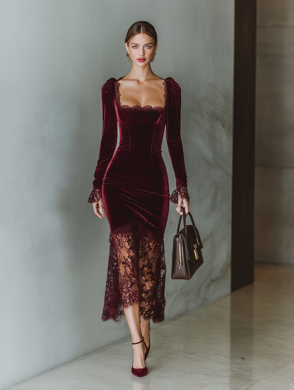 Women's Velvet Lace-Trim Square Neck Formal Dress