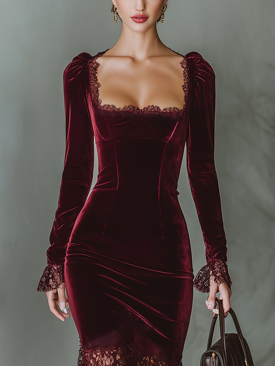 Women's Velvet Lace-Trim Square Neck Formal Dress