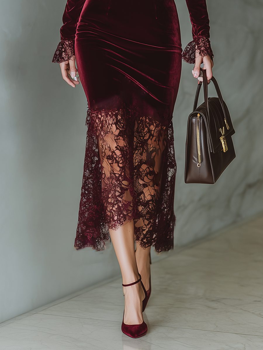 Women's Velvet Lace-Trim Square Neck Formal Dress