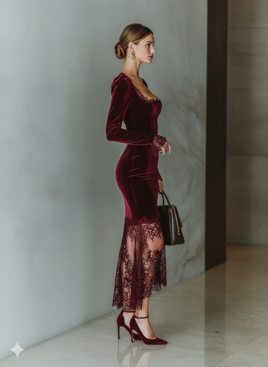 Women's Velvet Lace-Trim Square Neck Formal Dress