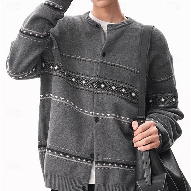 Men's Geometric Pattern Button-Down Holiday Cardigan