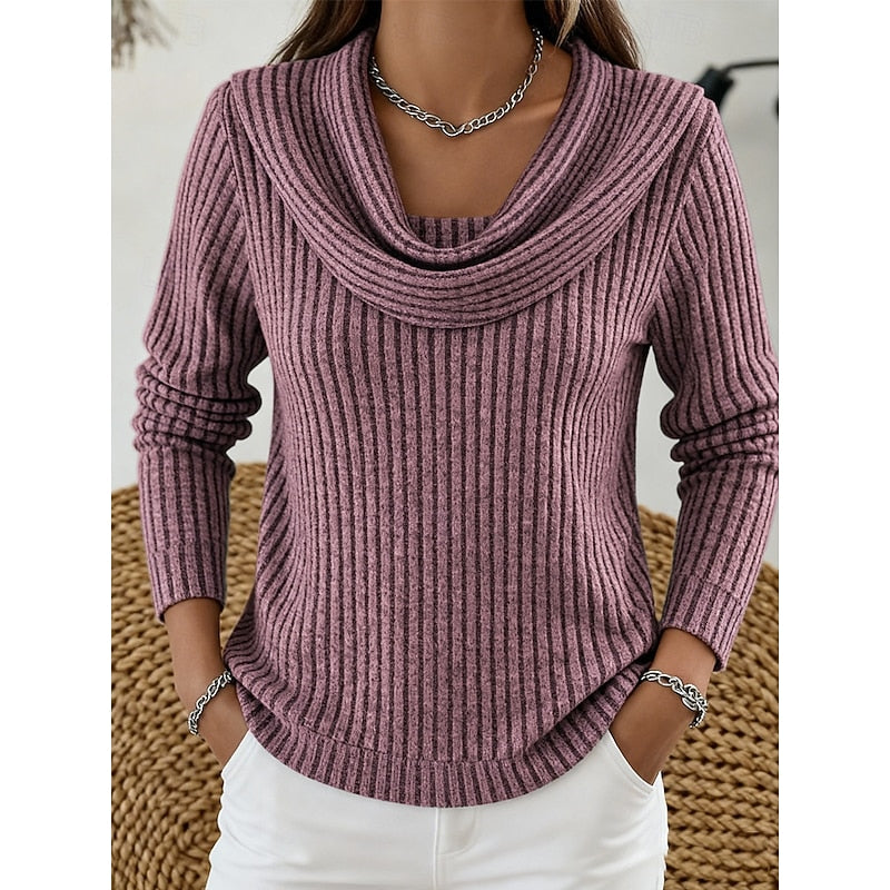 Women's Ribbed Cowl Neck Sweater - Purplish-red