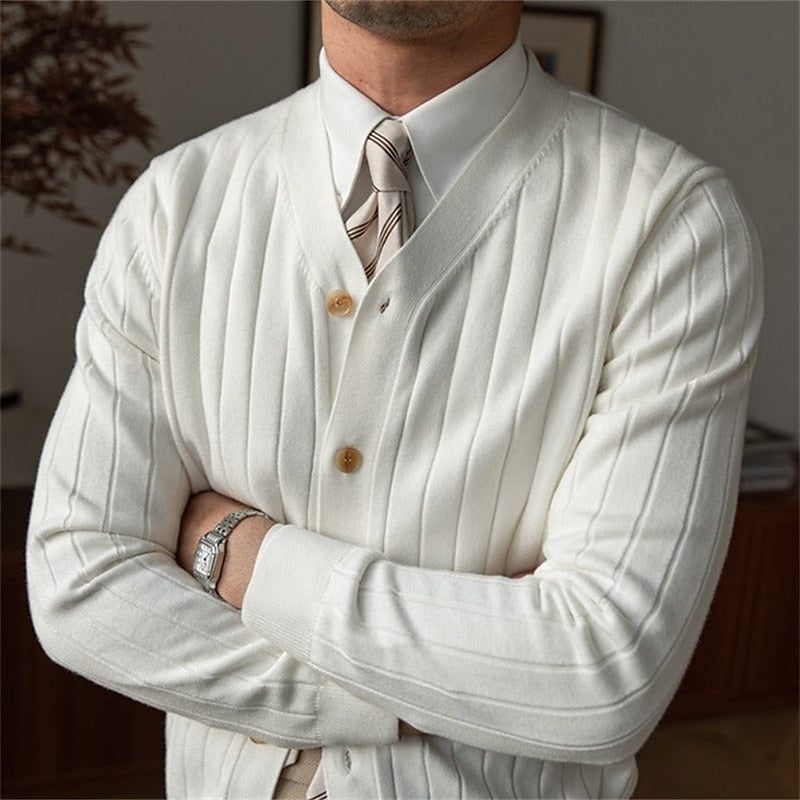Men's Ribbed V-Neck Button-Front Cardigan