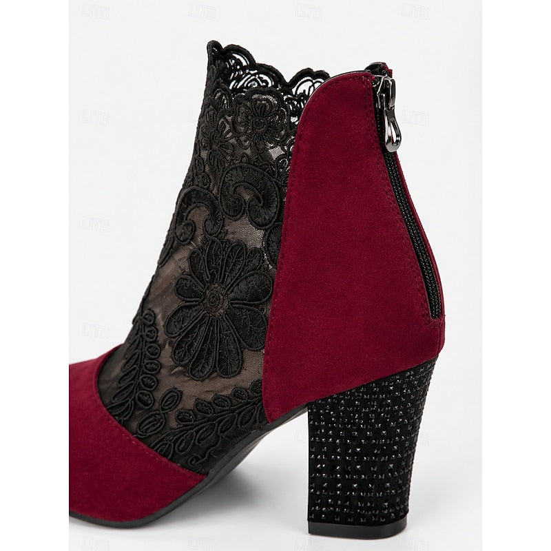 Women's Floral Lace Block Heel Ankle Boots
