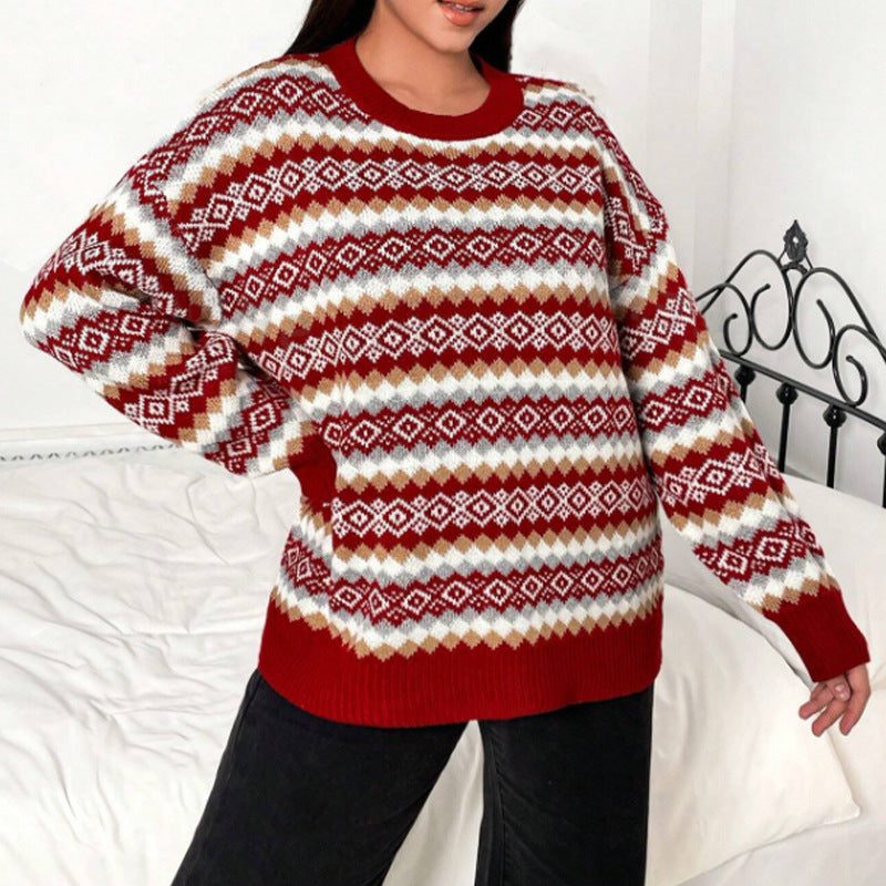 Women's Fair Isle Crew Neck Knit Sweater with Ribbed Trim