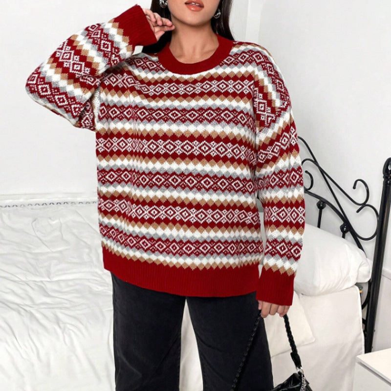 Women's Fair Isle Crew Neck Knit Sweater with Ribbed Trim