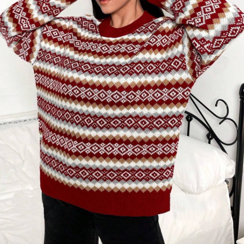 Women's Fair Isle Crew Neck Knit Sweater with Ribbed Trim