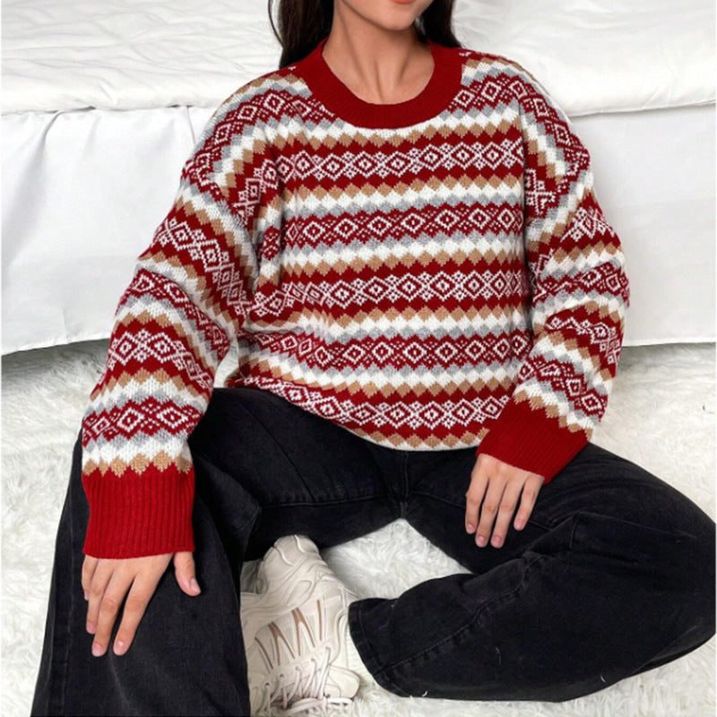 Women's Fair Isle Crew Neck Knit Sweater with Ribbed Trim