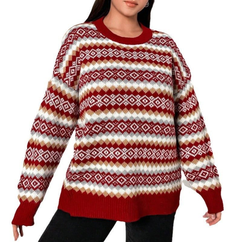 Women's Fair Isle Crew Neck Knit Sweater with Ribbed Trim