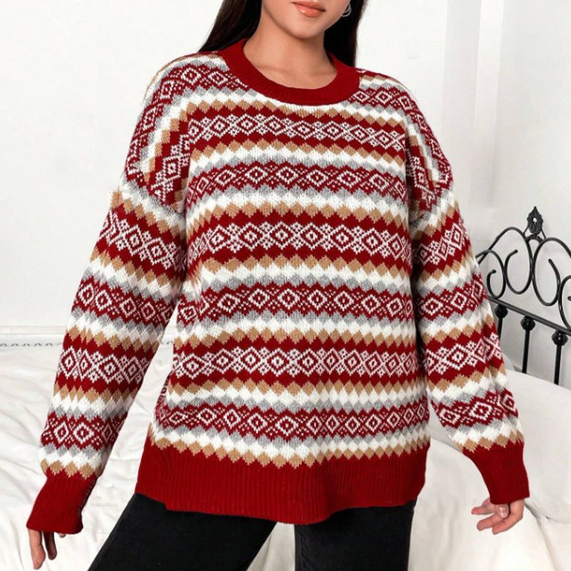 Women's Fair Isle Crew Neck Knit Sweater with Ribbed Trim - Red