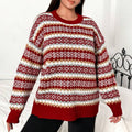 Women's Fair Isle Crew Neck Knit Sweater with Ribbed Trim - Red