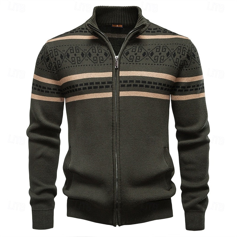 Women's Fair Isle Full-Zip Christmas Cardigan with Stand Collar - Military Green