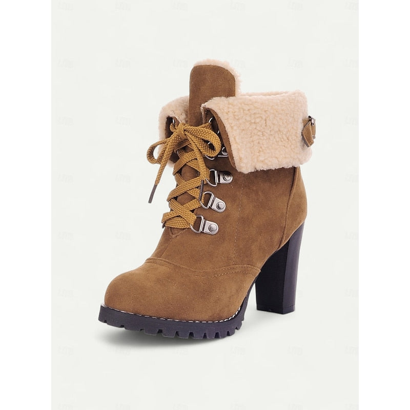 Women's Plush-Lined Lace-Up Winter Boots with Chunky Heel