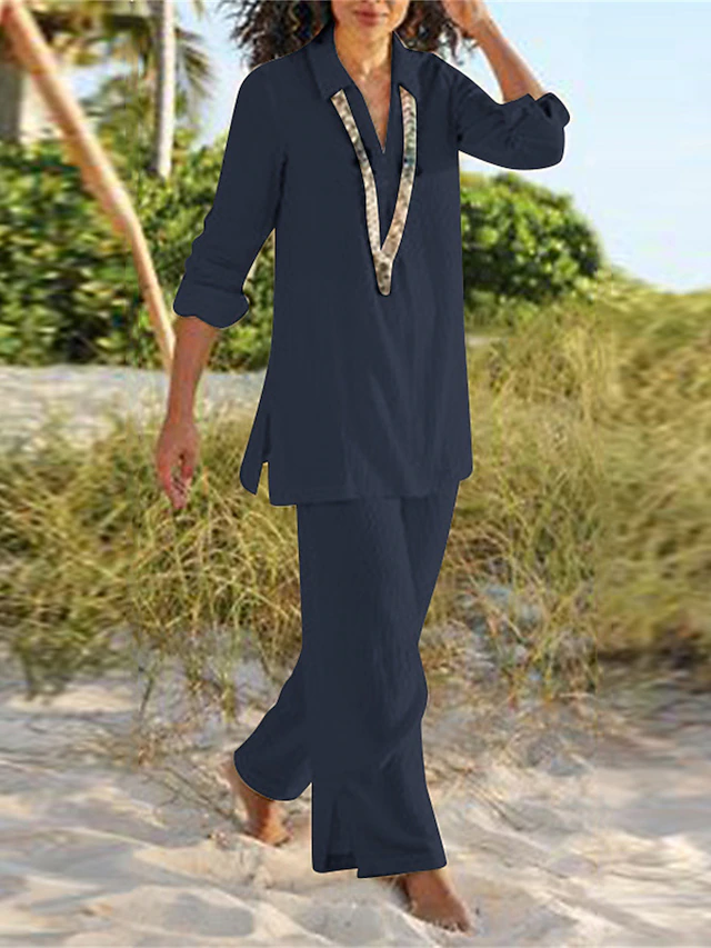 Women's V-Neck Top and Wide-Leg Trouser Set