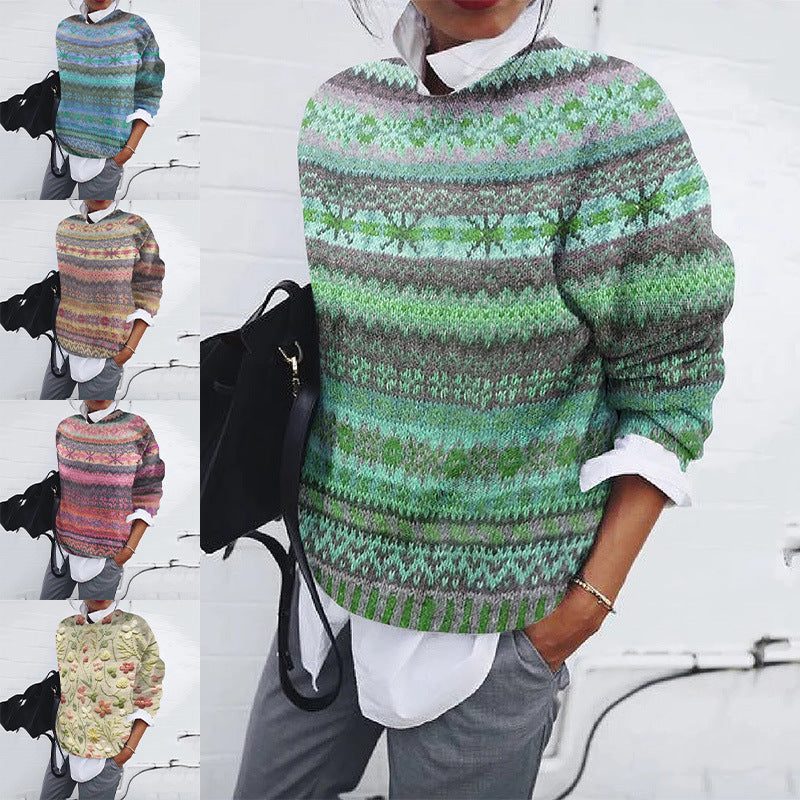 Women's Relaxed Fair Isle Crew Neck Pullover Sweater