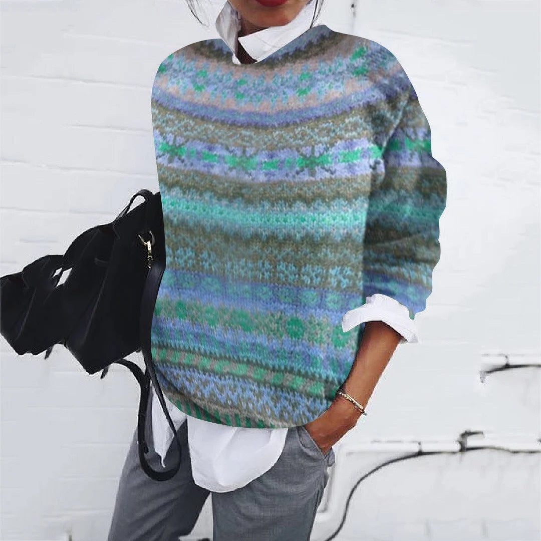 Women's Relaxed Fair Isle Crew Neck Pullover Sweater - Blue