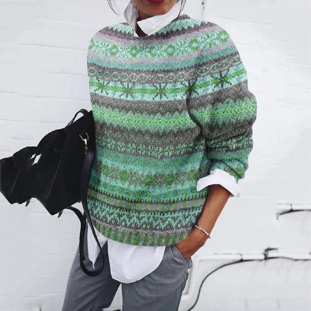 Women's Relaxed Fair Isle Crew Neck Pullover Sweater - Green