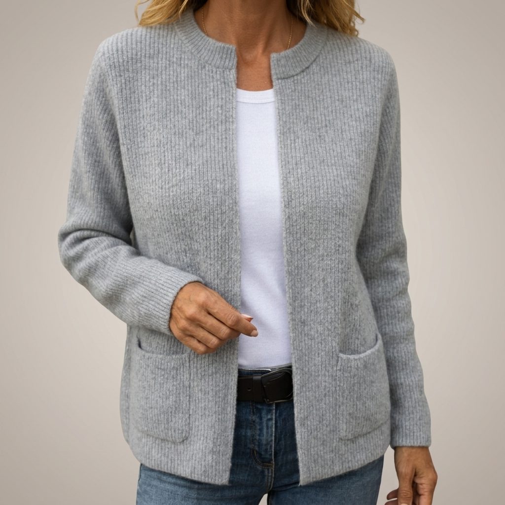 Women's Ribbed Knit Open-Front Cardigan with Pockets - Gray