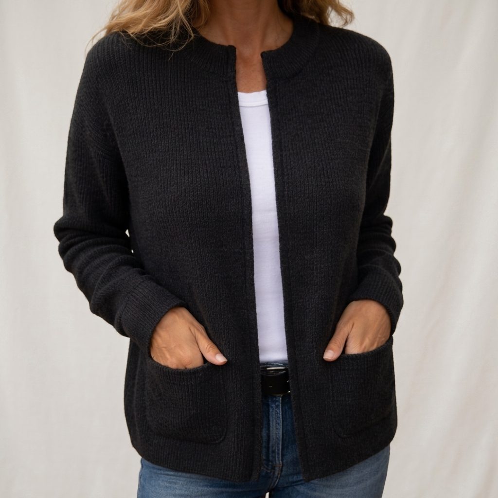 Women's Ribbed Knit Open-Front Cardigan with Pockets - Black