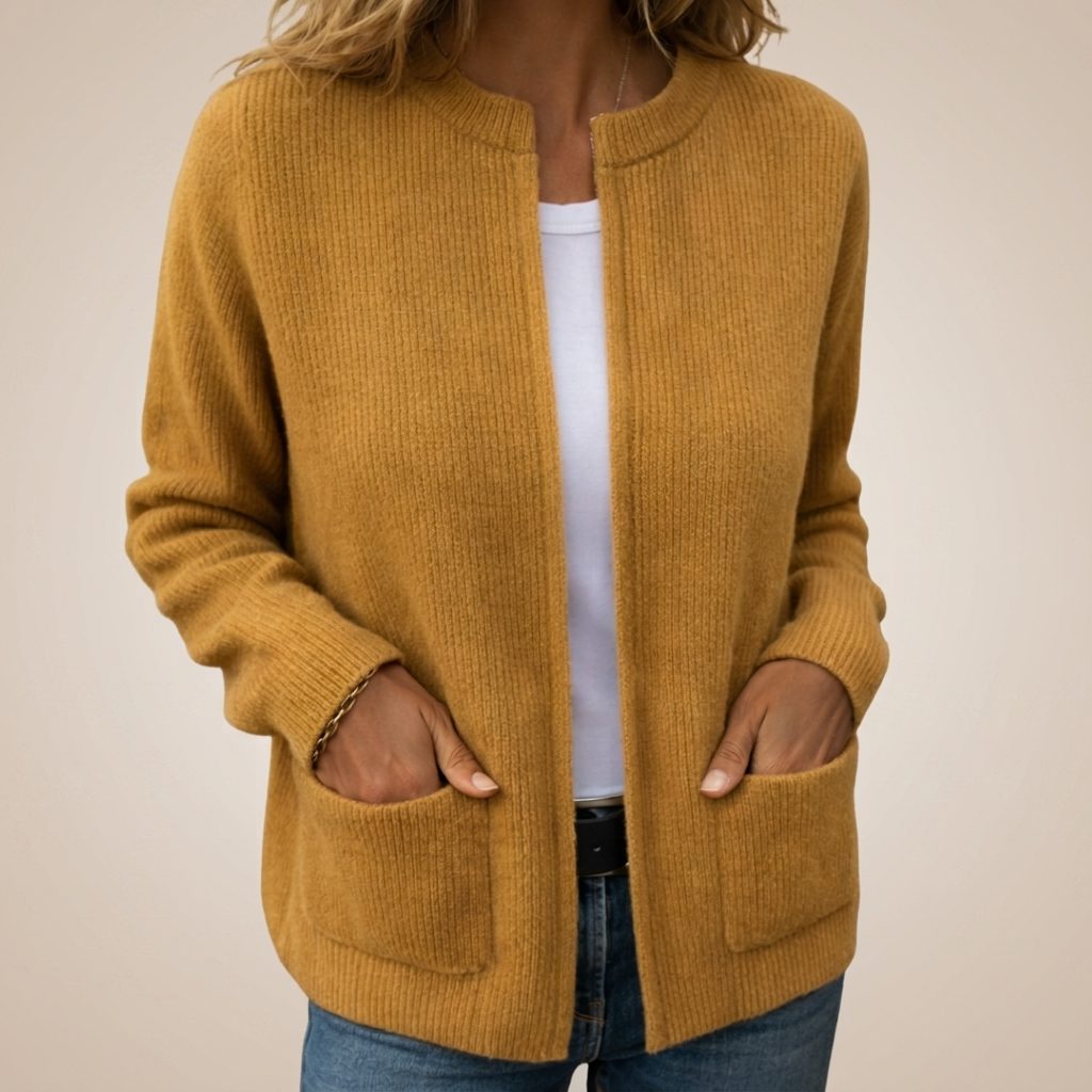 Women's Ribbed Knit Open-Front Cardigan with Pockets - Yellow