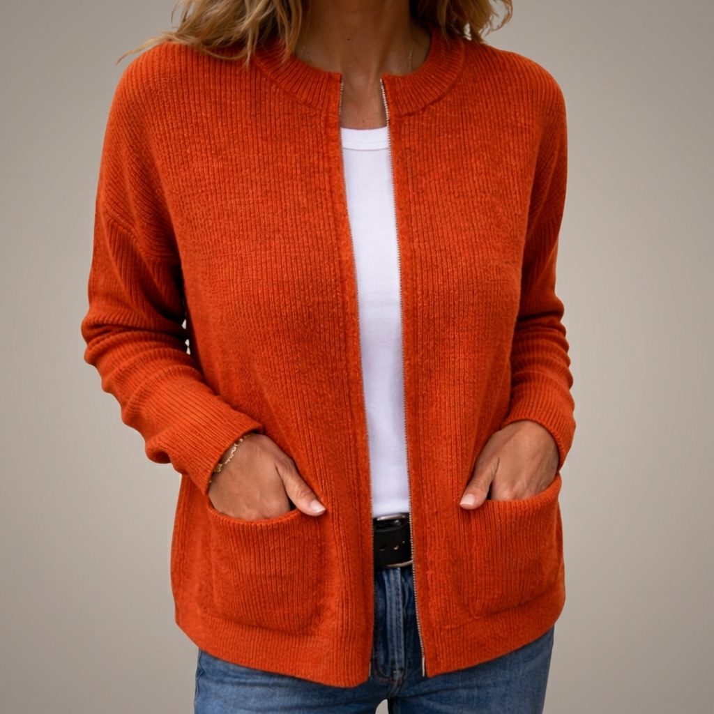 Women's Ribbed Knit Open-Front Cardigan with Pockets - Orange