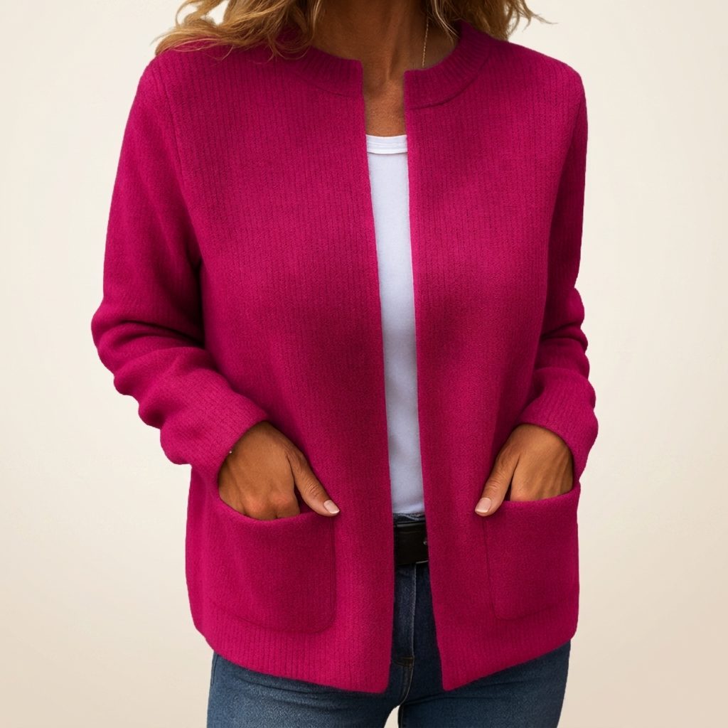 Women's Ribbed Knit Open-Front Cardigan with Pockets - Red Pink