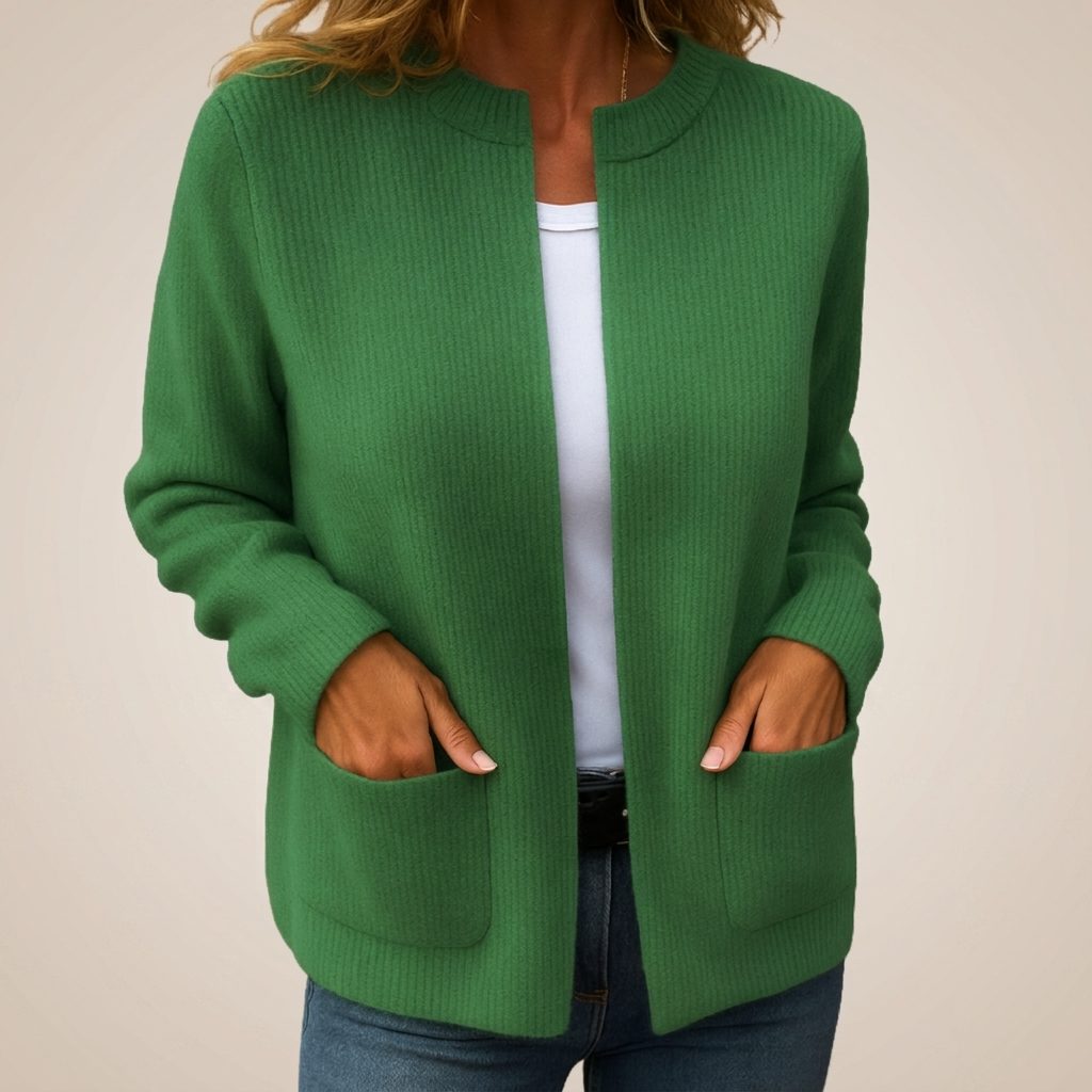 Women's Ribbed Knit Open-Front Cardigan with Pockets - Green