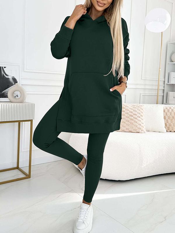 Women's Longline Hoodie and Leggings Set - Dark Green