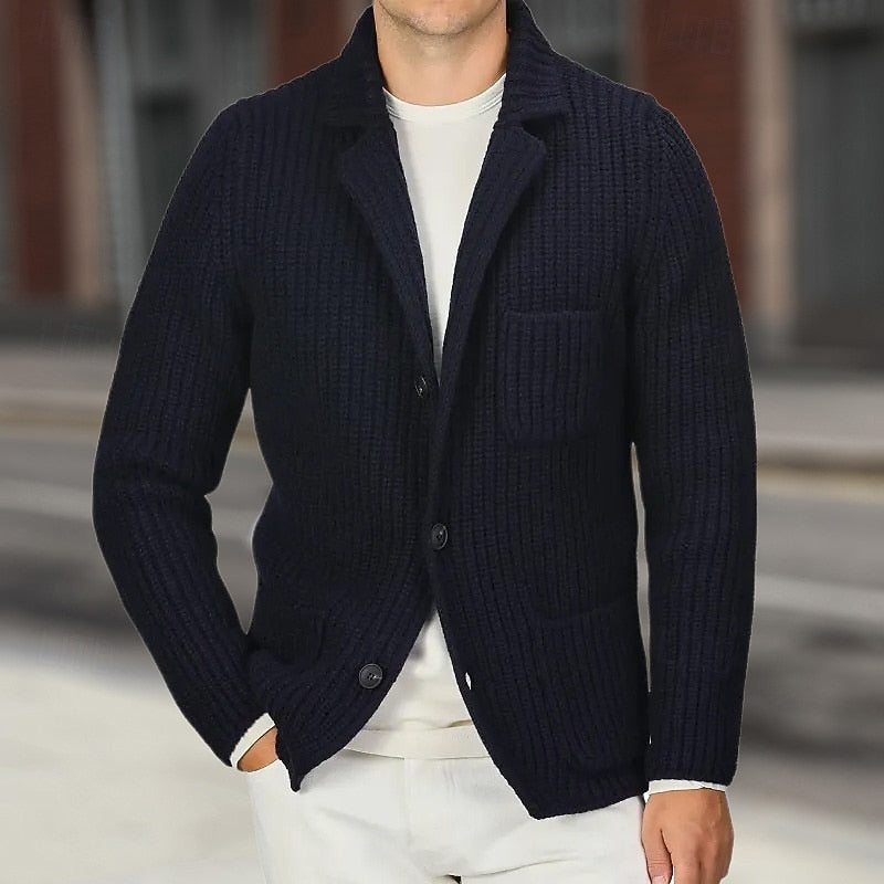 Men's Ribbed Stand-Collar Button Cardigan with Pockets - Coffee