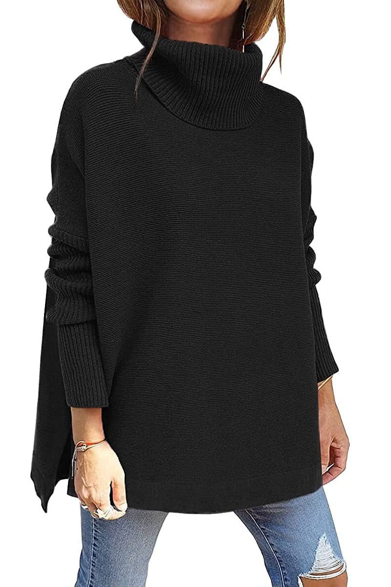Women's Oversized Ribbed Turtleneck Sweater - Black