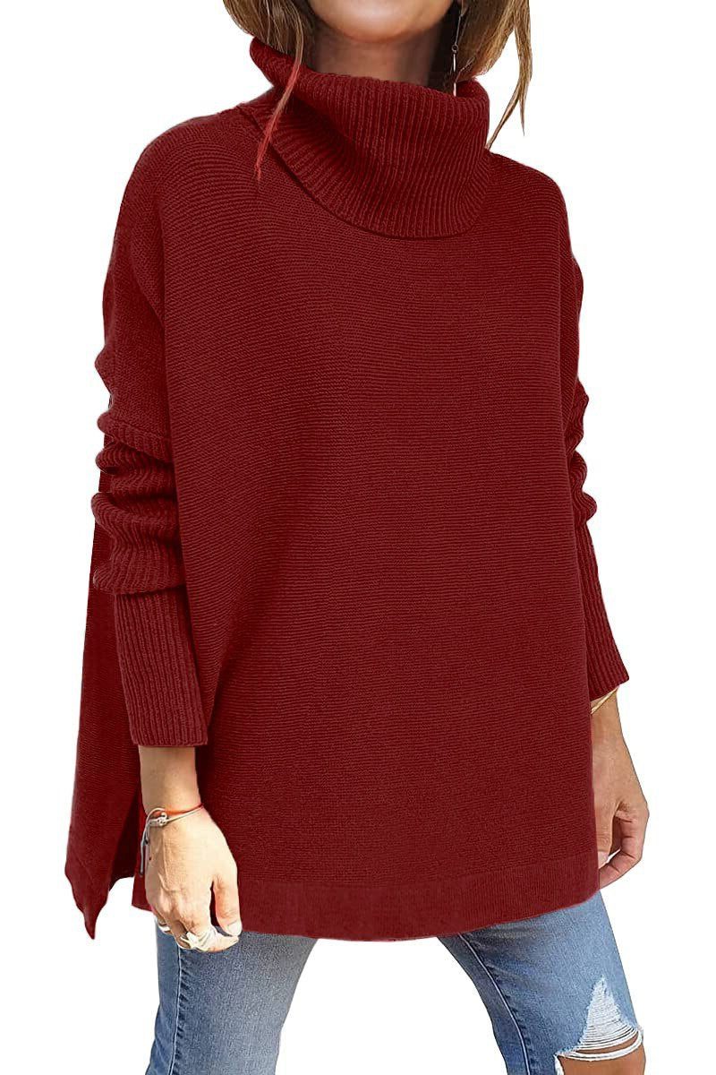 Women's Oversized Ribbed Turtleneck Sweater - Red