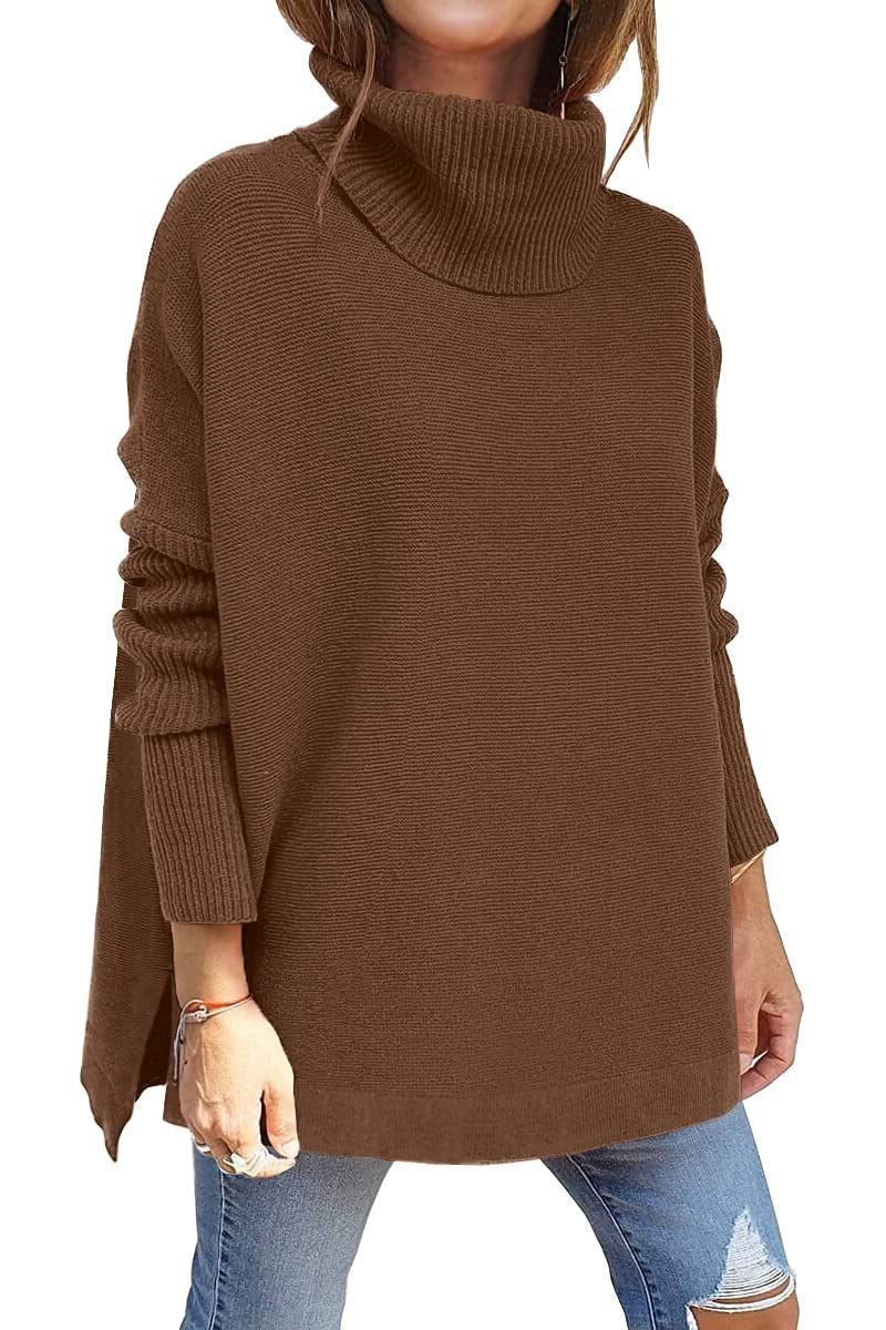 Women's Oversized Ribbed Turtleneck Sweater - Dark Brown