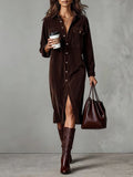 Women's Corduroy Button-Down Midi Shirt Dress - Dark Brown