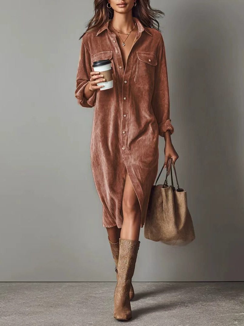 Women's Corduroy Button-Down Midi Shirt Dress - Reddish Brown
