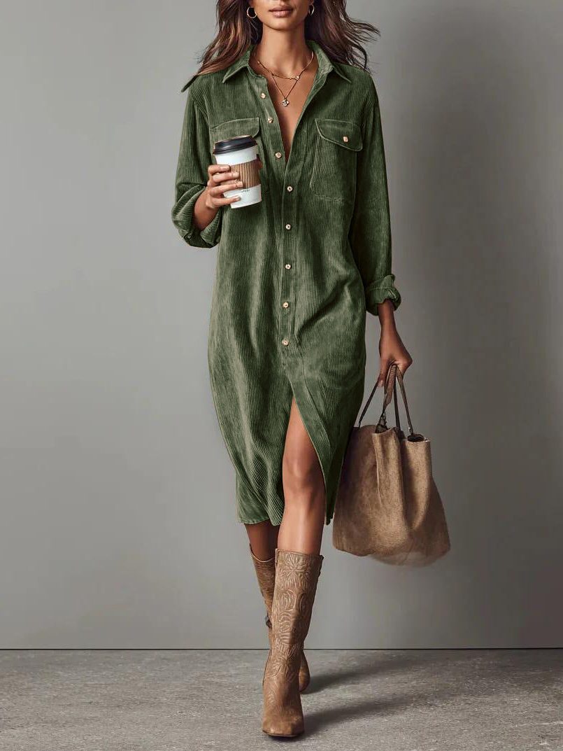 Women's Corduroy Button-Down Midi Shirt Dress - Green