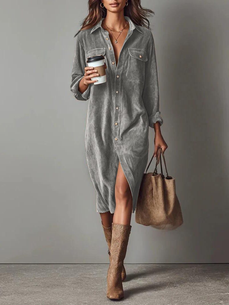 Women's Corduroy Button-Down Midi Shirt Dress - Light Gray