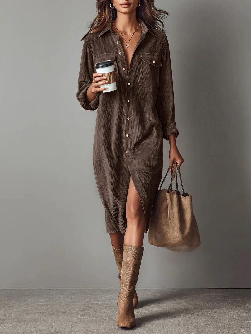 Women's Corduroy Button-Down Midi Shirt Dress - Coffee Brown