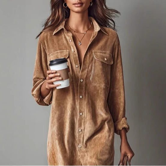 Women's Corduroy Button-Down Midi Shirt Dress