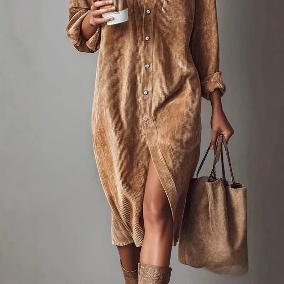 Women's Corduroy Button-Down Midi Shirt Dress