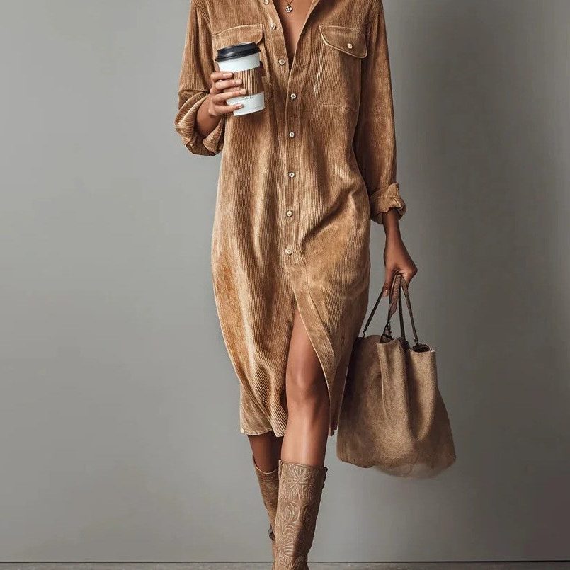 Women's Corduroy Button-Down Midi Shirt Dress