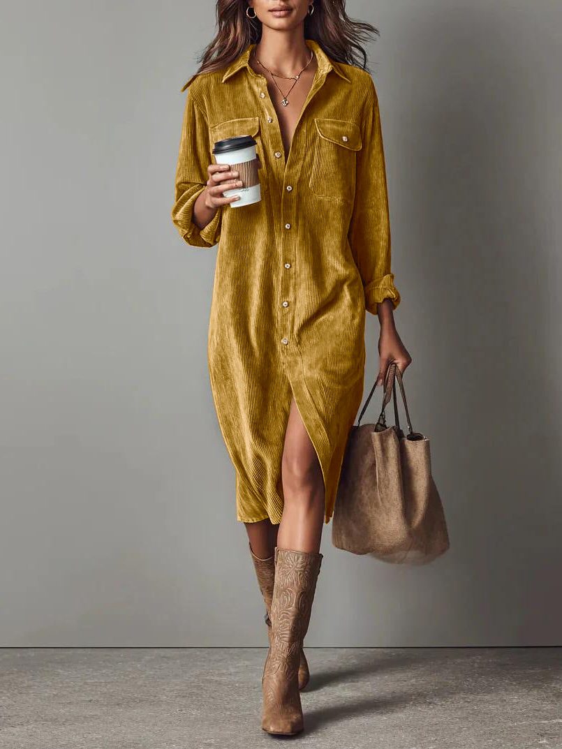 Women's Corduroy Button-Down Midi Shirt Dress - Orange